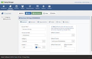 The General tab on the Course form is the default view which appears when you
                     open a Course record. Here you can enter the Course Title, Number, Category,
                     Credits, Status, and default values used when creating Class Session records.