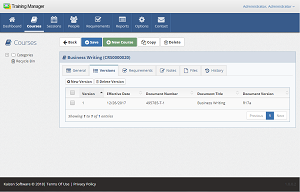 The Versions tab lists the historical course versions. Click a row in the list for course
                     version details.