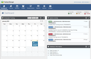The Dashboard provides an overall Training Status Summary,
                     Scheduled Training Calendar, System Activity List, and Database Information.