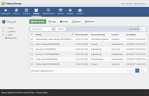 The Personnel list view displays your company's master list of personnel.
                     Filter by Group, Location, Role, Active/Inactive Status, or use the Search box to quickly
                     locate a person in the list.