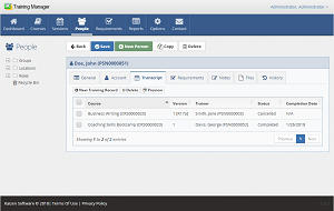 The Transcript tab on the Personnel form displays a list of training for this person.